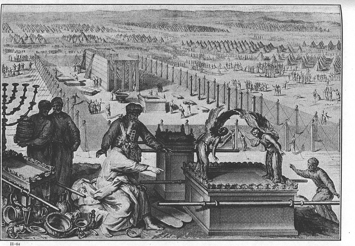 An illustration created in 1728 which shows the Ark of the Covenant and the erection of the Tabernacle
