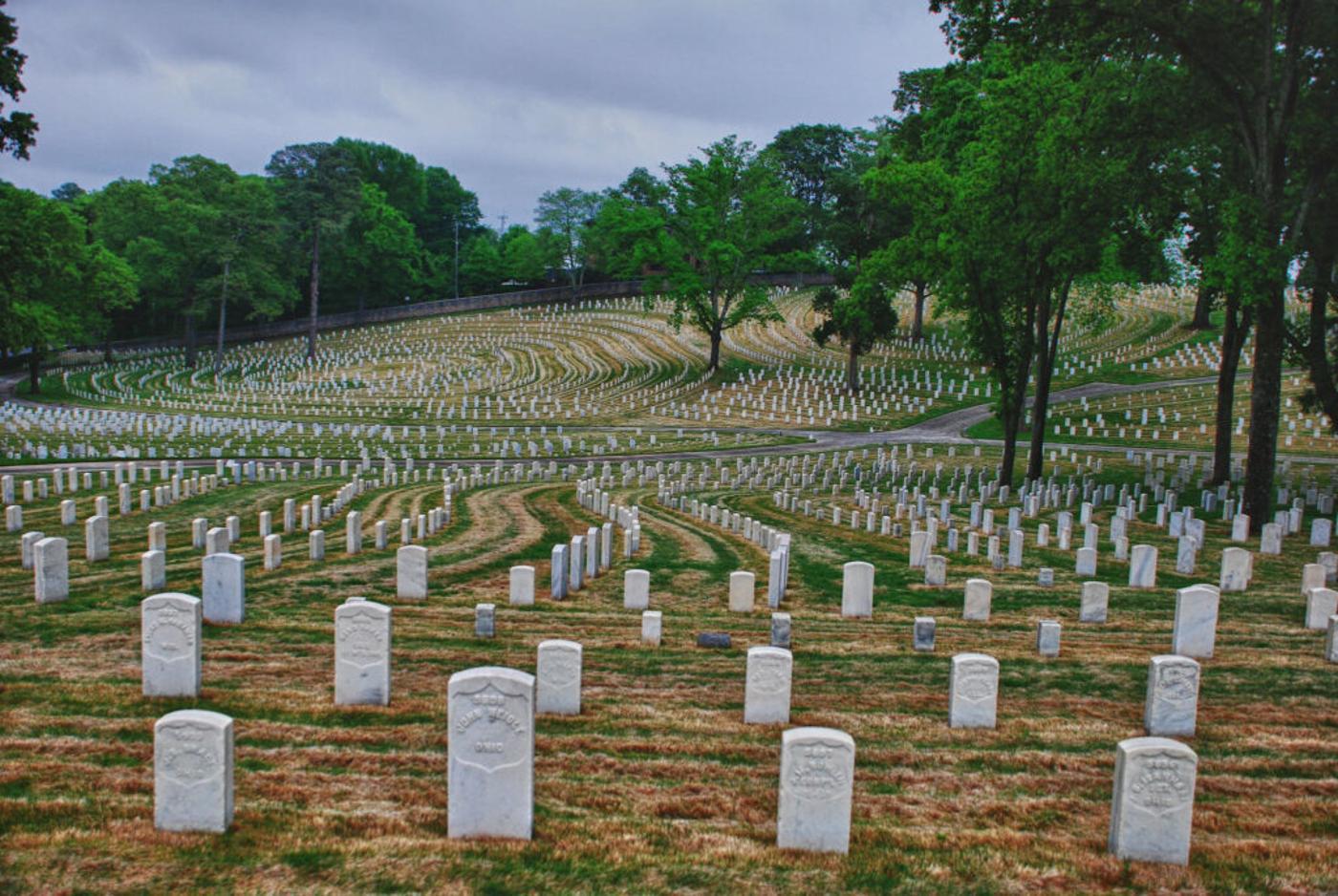 Civil War cemetery with hundreds of white tombstones