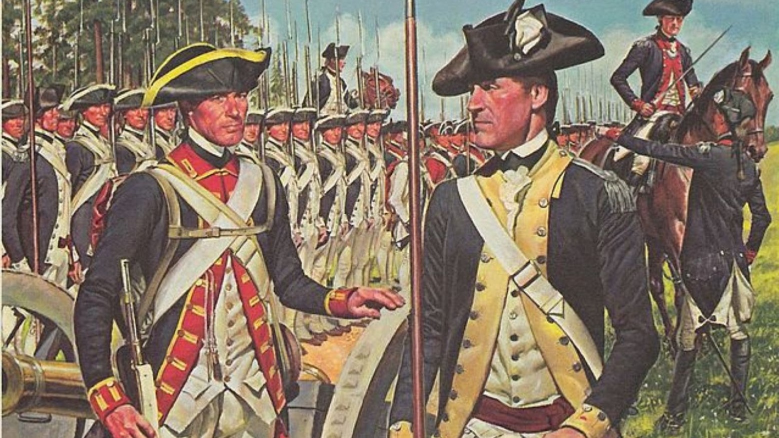 American soldiers during the American Revolution. Two soldiers are in the foreground wearing their army uniforms and holding guns. There are rows of soldiers behind them also in uniform and holding guns. There is one soldier on a horse holding a sword.