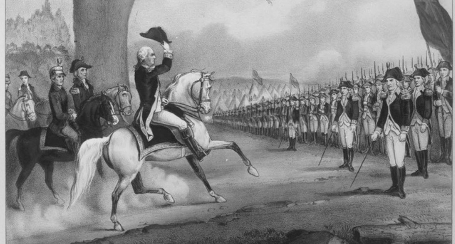 A drawing from the American Revolution. There are some soldiers riding horses, going towards an army of soldiers who are all standing in formation holding swords.