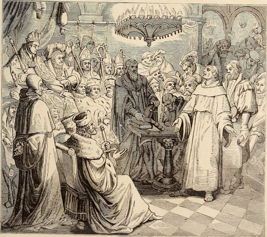 A drawing of men in robes talking with each other in a church