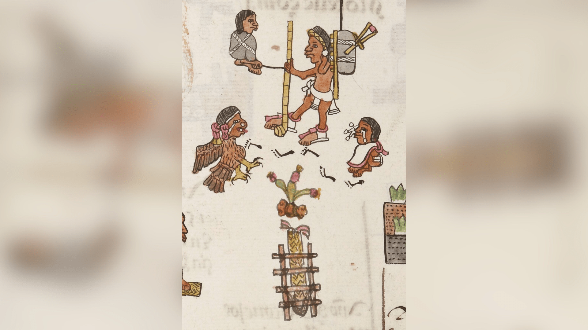 Aztec Nahuatl glyphs depicting the famine which occurred in Mexico in 1505. It depicts a man from Tenochtitlan, among a starving population, going for food to the Huastec region.