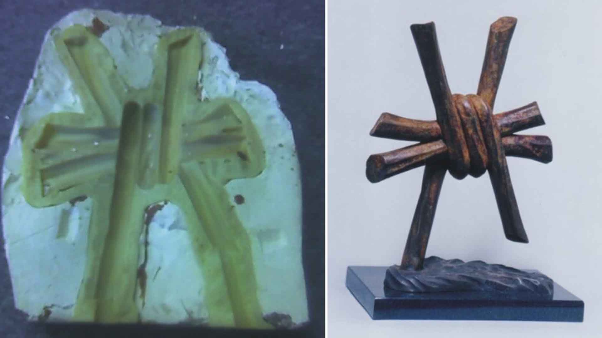 On the left is an example of a rubber mould, often used in the lost-wax process, and on the right is the finished bronze sculpture.