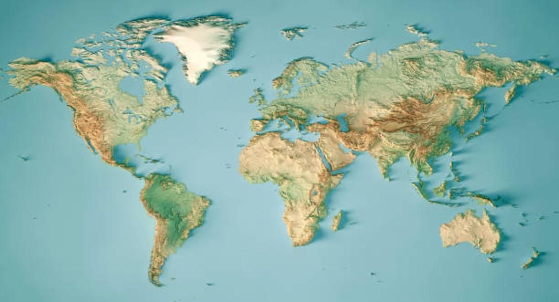 Topographic map of the world on a blue background