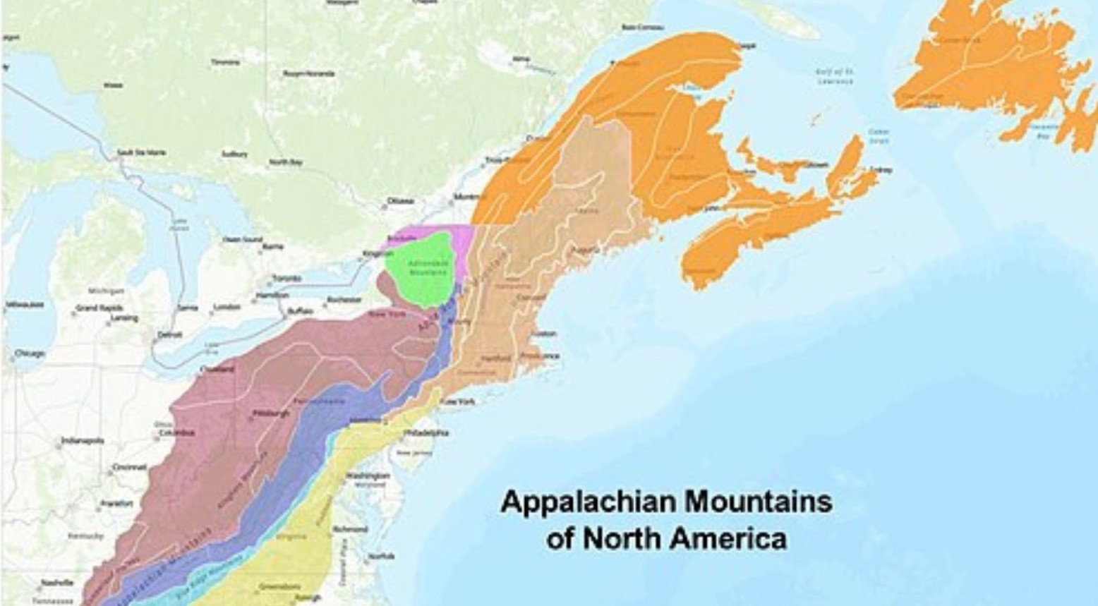 A map of the Appalachian Mountains. They cover terrain along the North of America.