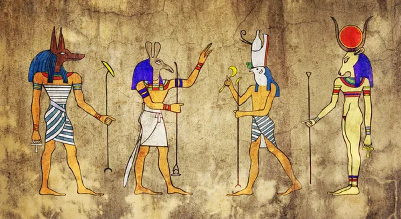 Illustrations in color on papyrus of four of the gods of Ancient Egypt