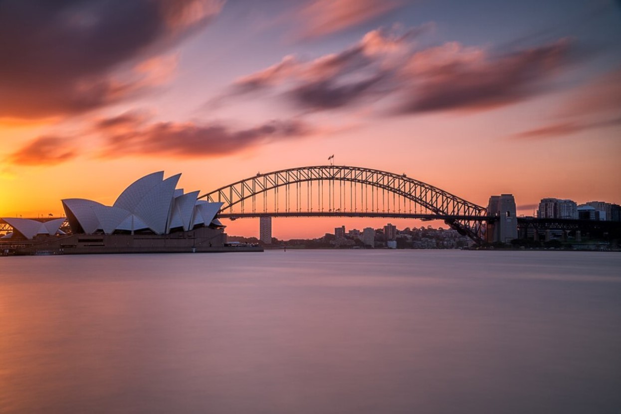 The Sydney Harbor Bridge and Sydney Opera House during sunset