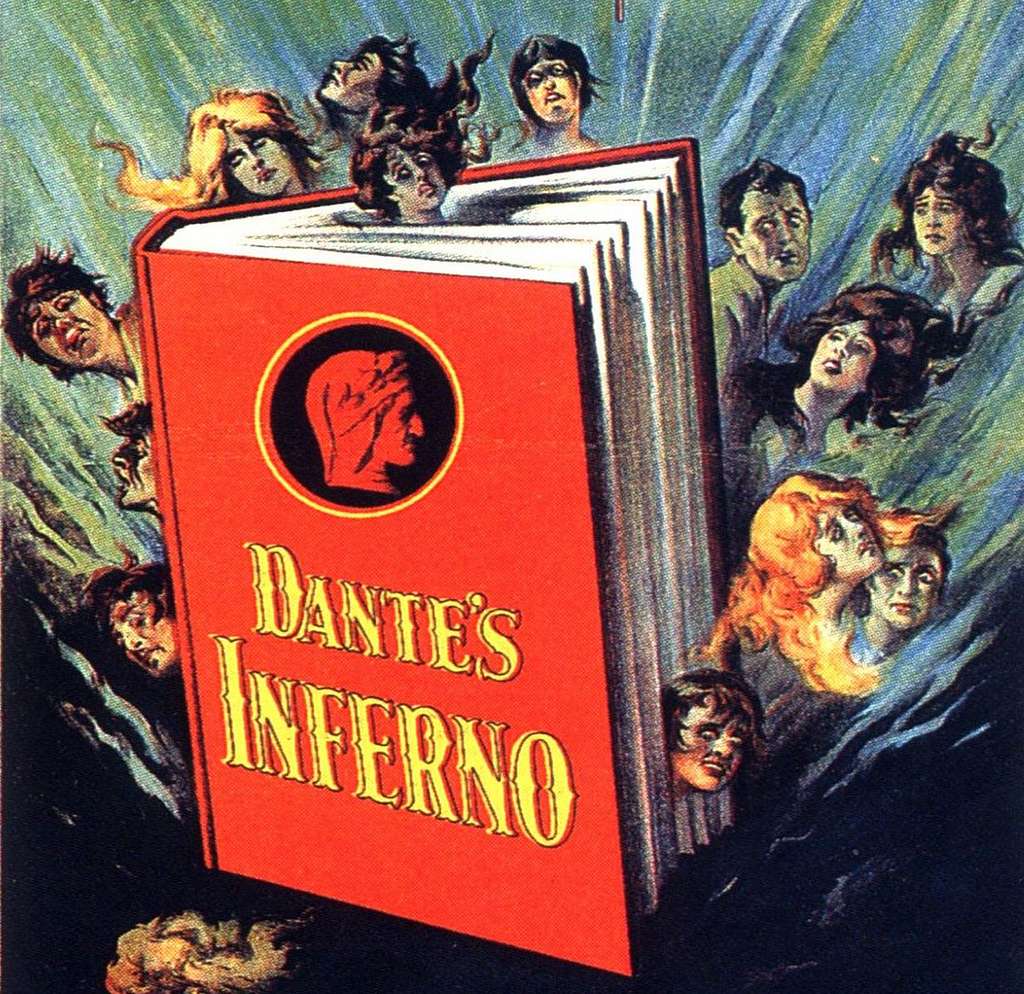 A large red book with characters from the novel emerging from the pages