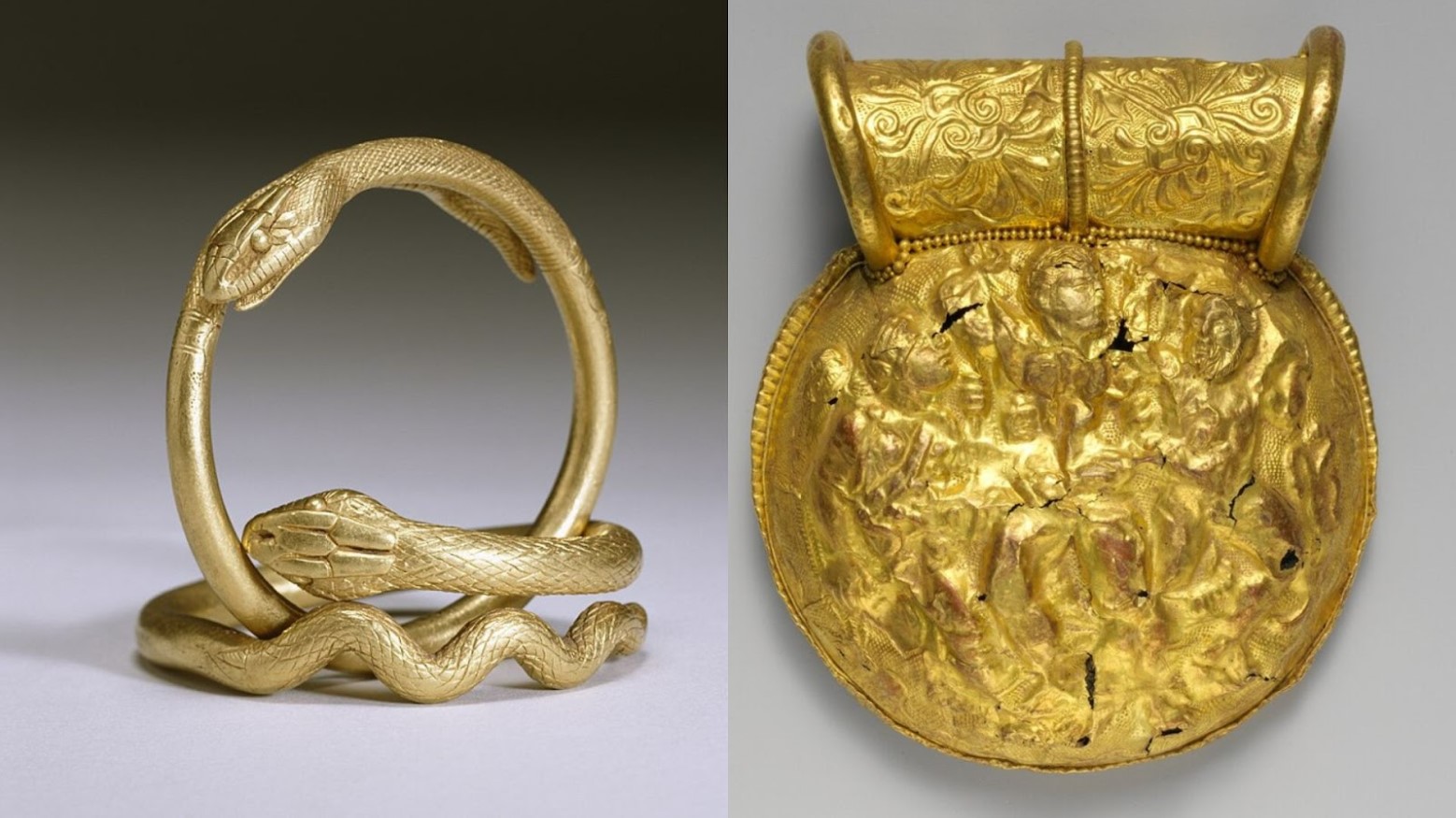 Two golden snake bracelets made during the Roman EmpireGold medallion from the Roman Empire