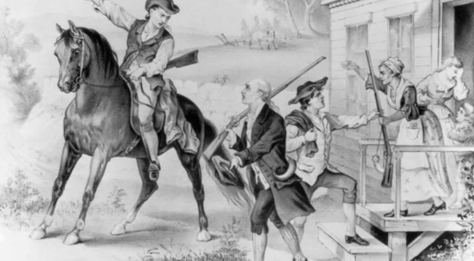 A black and white drawing of the minutemen. They are hurrying out of the door. One man is on a horse carrying a gun. One is walking with a gun and the other is being handed a gun by a woman.