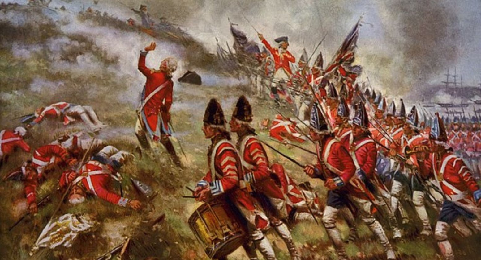 The Battle of Bunker’s Hill. Soldiers are marching up a hill, some are carrying swords, others are carrying flags, and one soldier is carrying a drum.