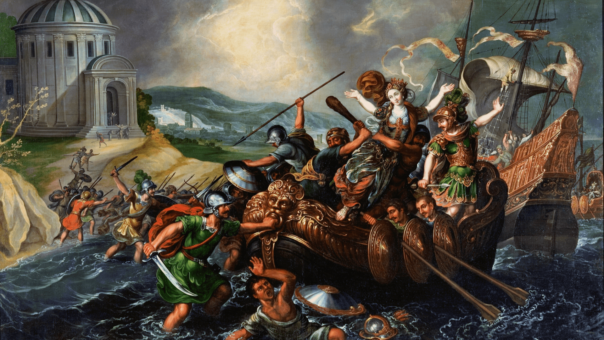 Juan de la Corte’s painting The Rape of Helen, which depicts the Greeks taking Helen of Troy away from Troy on a ship.