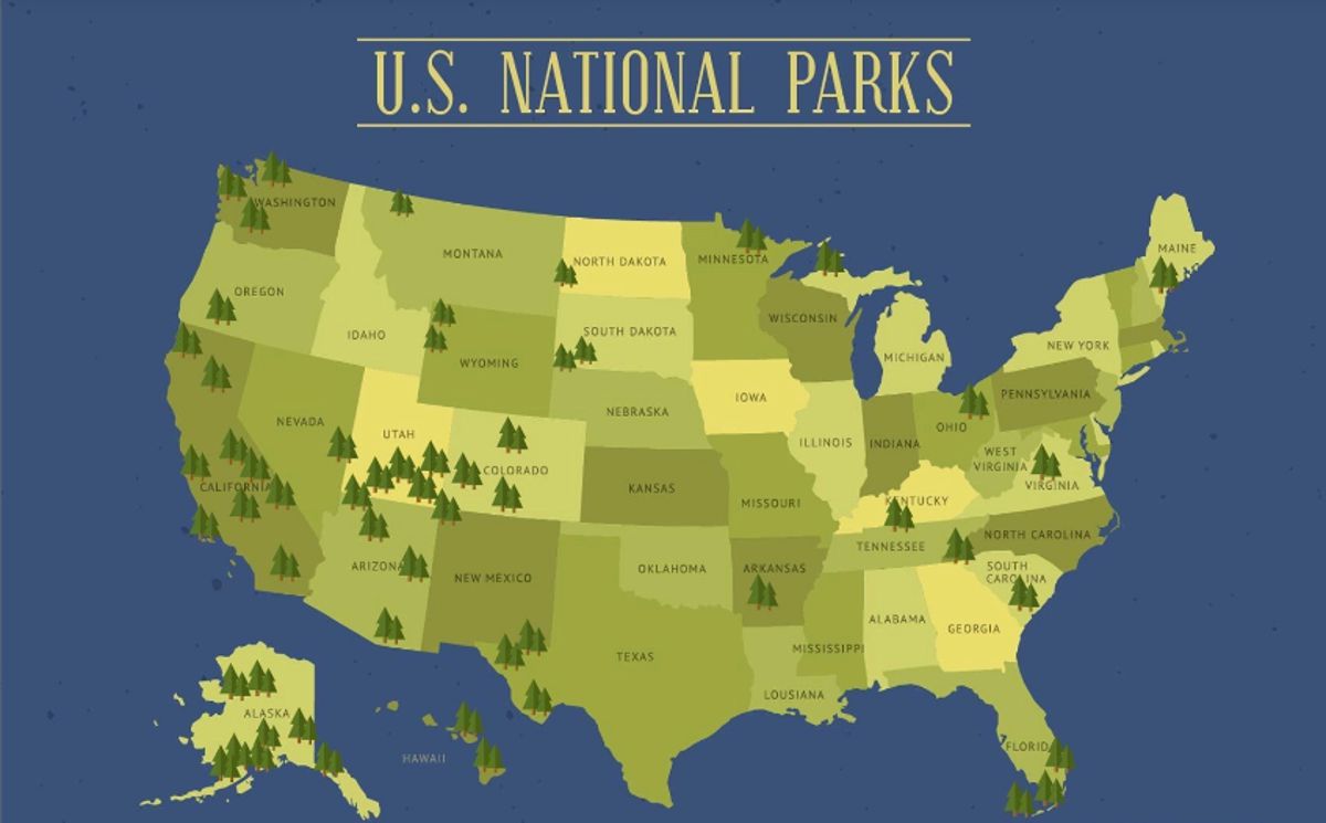 A map of the United States with small green trees representing the country’s National Parks