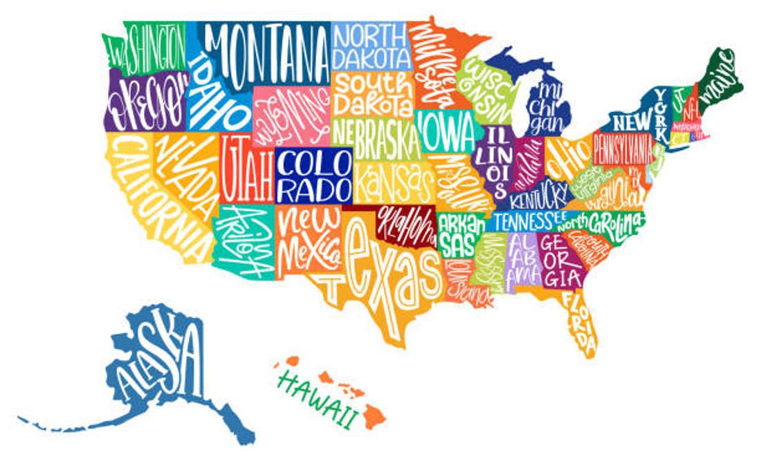 Map of the United States with every state labeled and in a different color