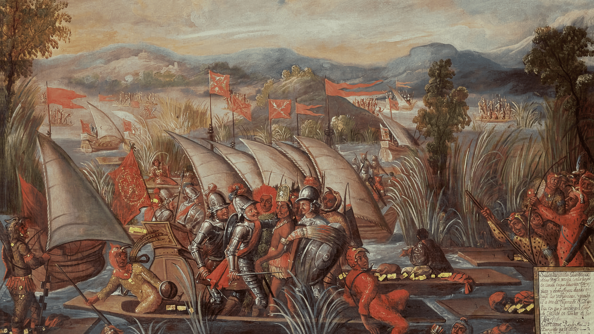 A 17th-century oil-on-canvas painting depicting the capture of Cuauhtémoc. After much of Tenochtitlàn has been destroyed, Cuauhtémoc, the eleventh and last king of the Aztec empire, flees the city in a canoe and is captured by the Spanish.