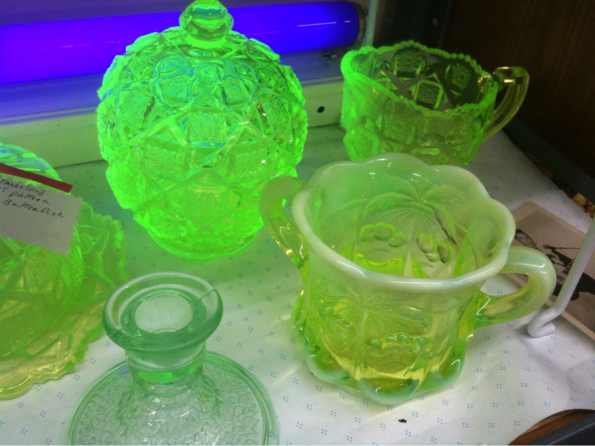 Several glass items colored with uranium,, giving them a distinct green color