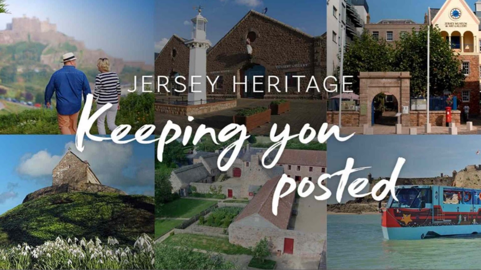 Image with “Jersey Heritage Keeping you posted” written on it with different heritage sites from Jersey in the background