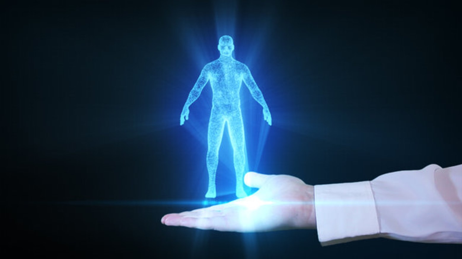 Hand holding a 3-D hologram of a man