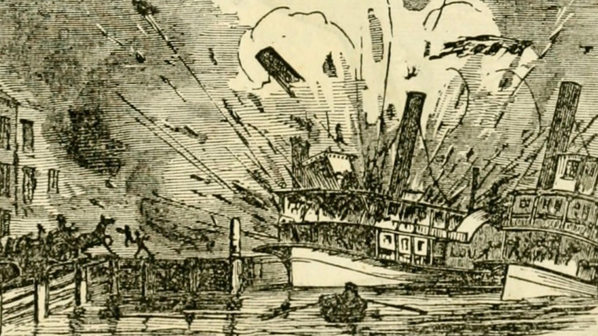 An old engraving of a steamboat explosion in the 1800s.