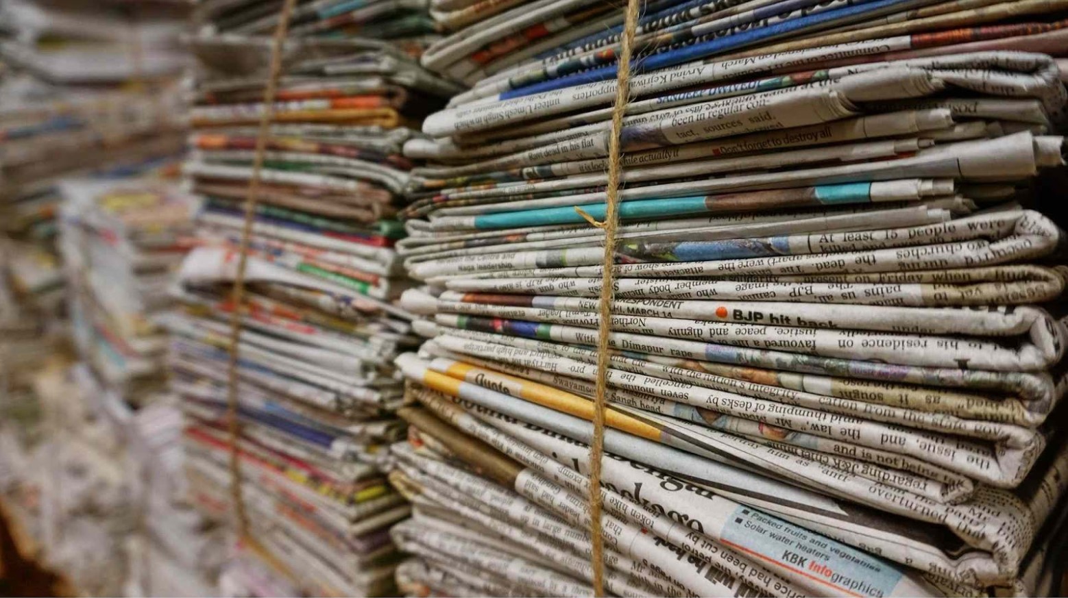 Pile of old newspapers with string around them
