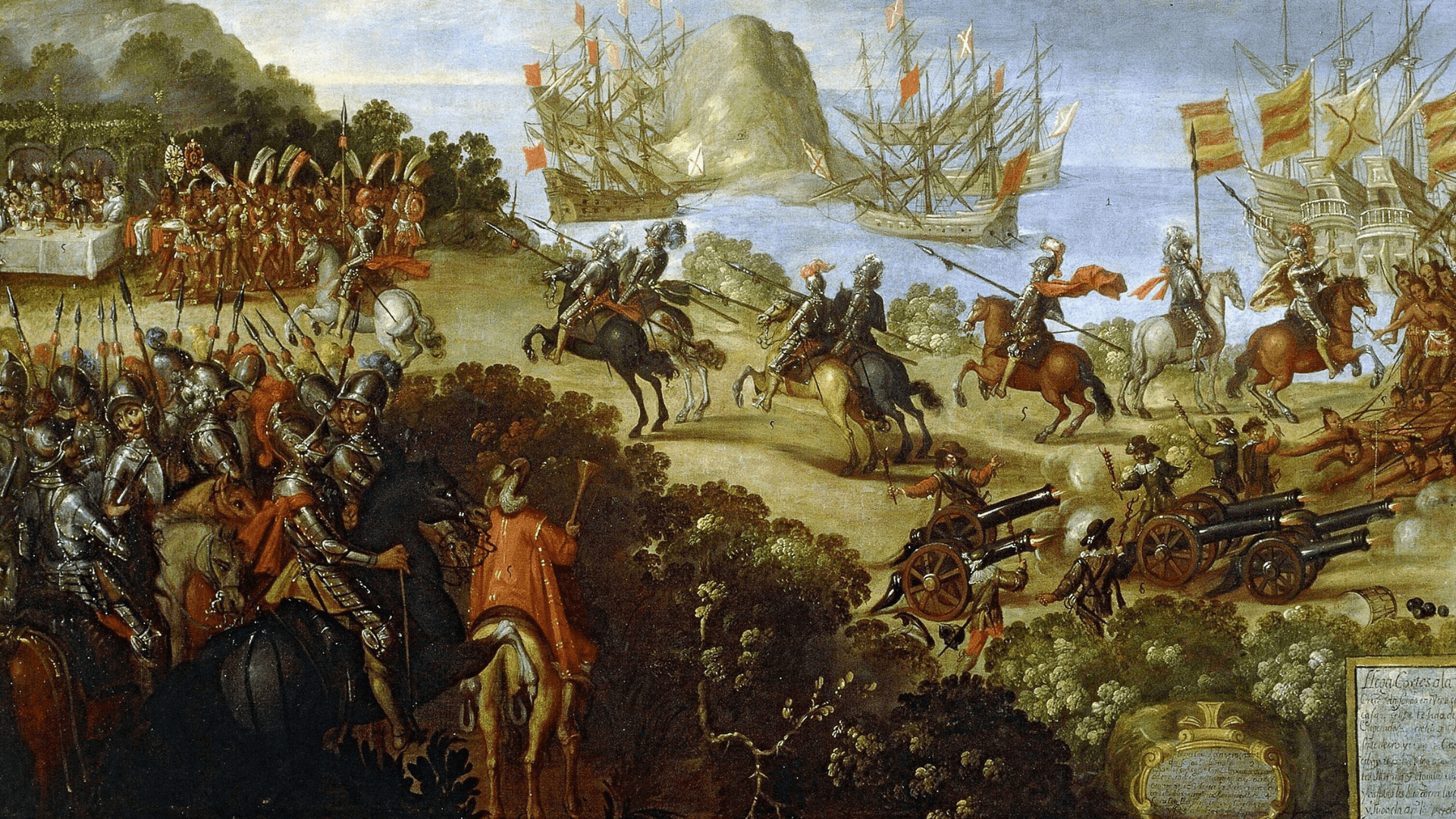 Painting of the arrival of Cortés in Veracruz and reception by Moctezuma’s ambassadors.