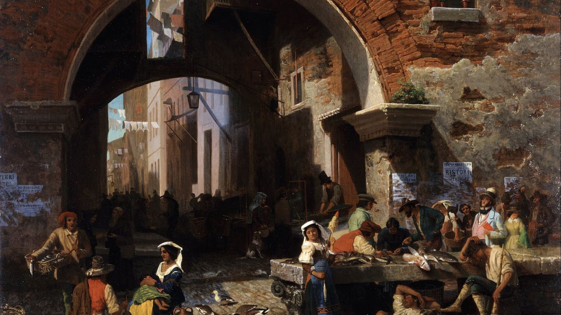 Oil painting depicting a bustling market scene within an archway of an old Italian street. The sunlight filters through the arch, illuminating vendors and townspeople engaged in daily activities. Some figures are seated selling goods, while others stand or walk about