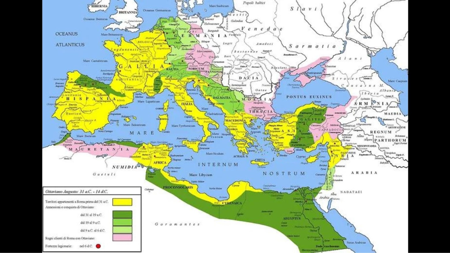 Map of Europe displaying the coverage of the Roman Empire over the first century CE