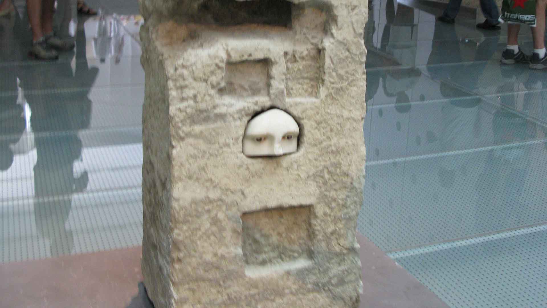 Part of a female face with inlaid eyes, Ancient Greek Votive offering, 4th century BC, probably by Praxias, set in a niche of a pillar in the sanctuary of Asclepios in Athens, Acropolis Museum, Athens