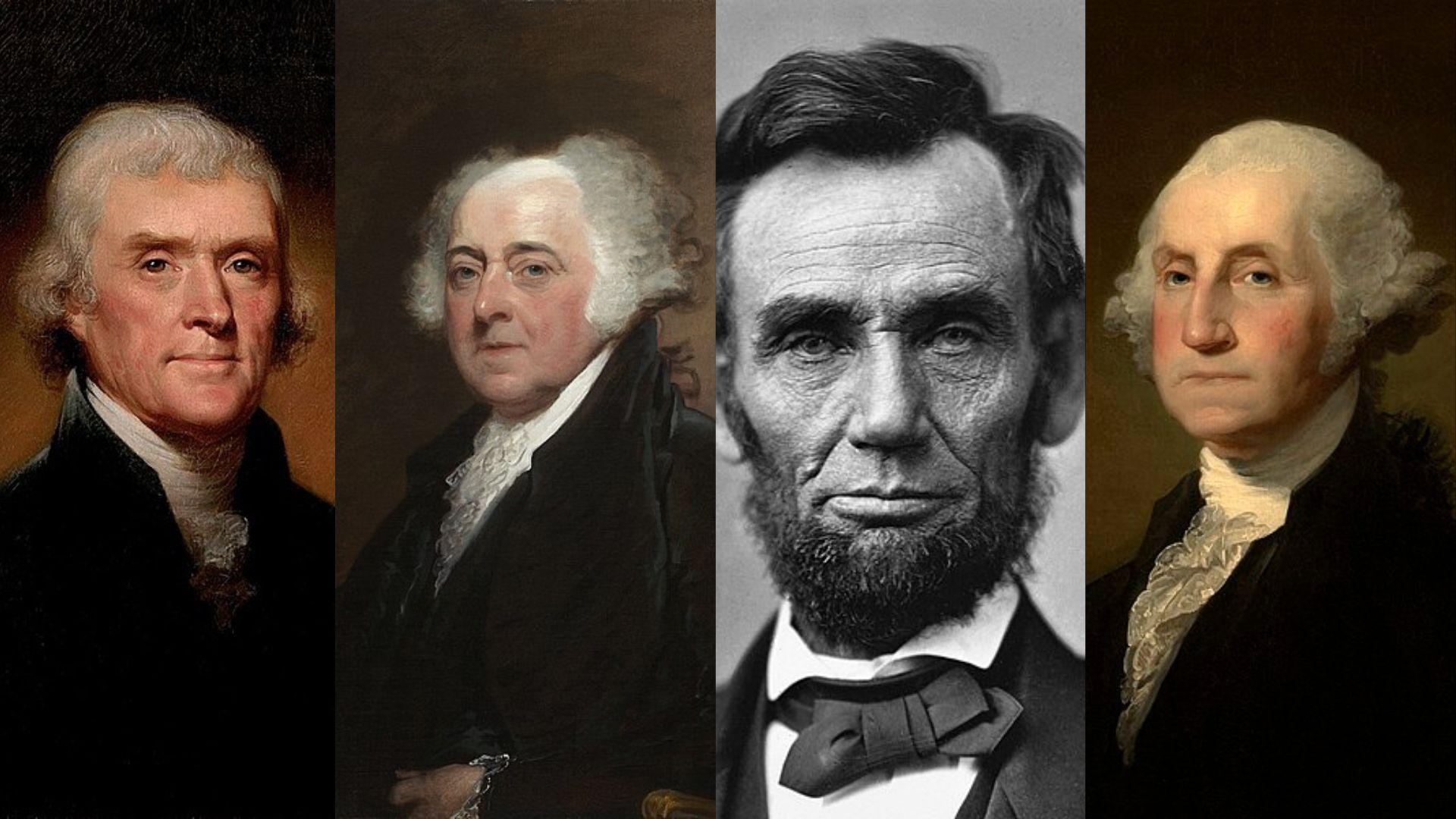 Official painting of Thomas Jefferson/Official portrait of John Adams/Official White House photograph of Abraham Lincoln/Official portrait of George Washington