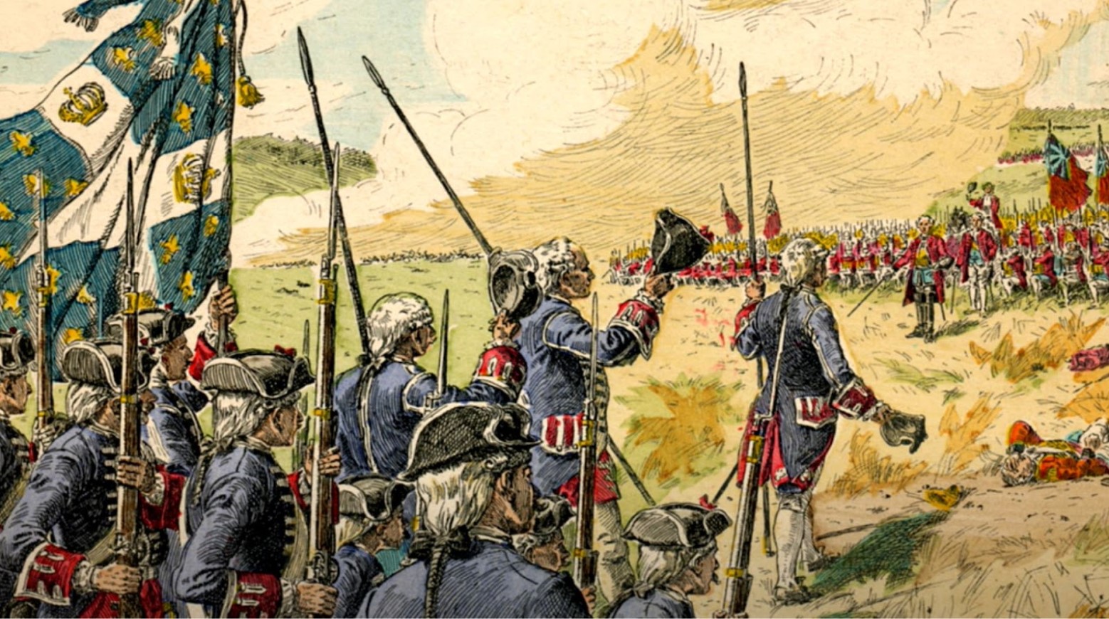 The French army during the American Revolution. They are in blue army uniform walking towards an army in red army uniform.