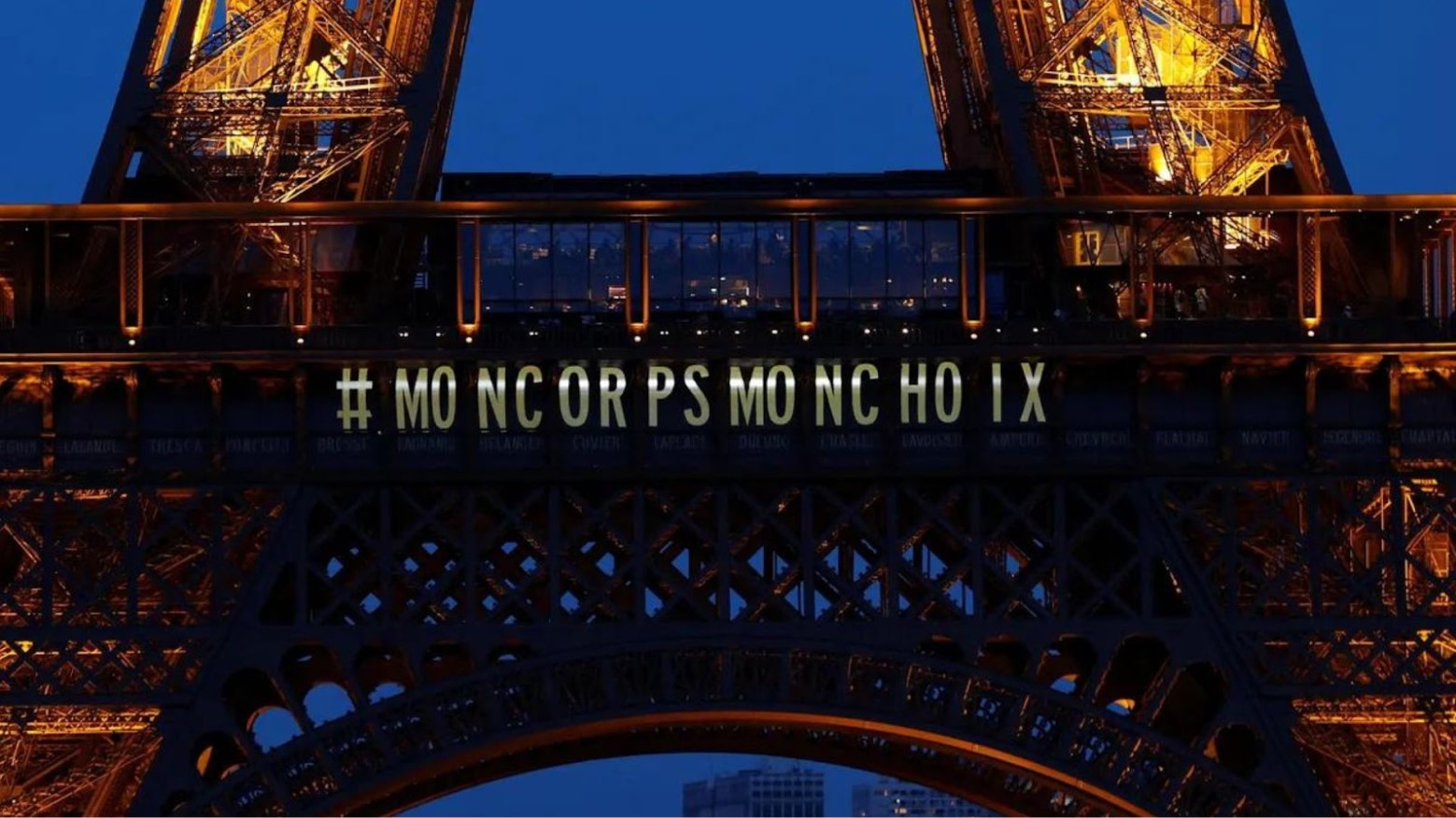 The words “My body, my choice” displayed in French on the Eiffel Tower after the French parliament voted to make abortion a constitutional right