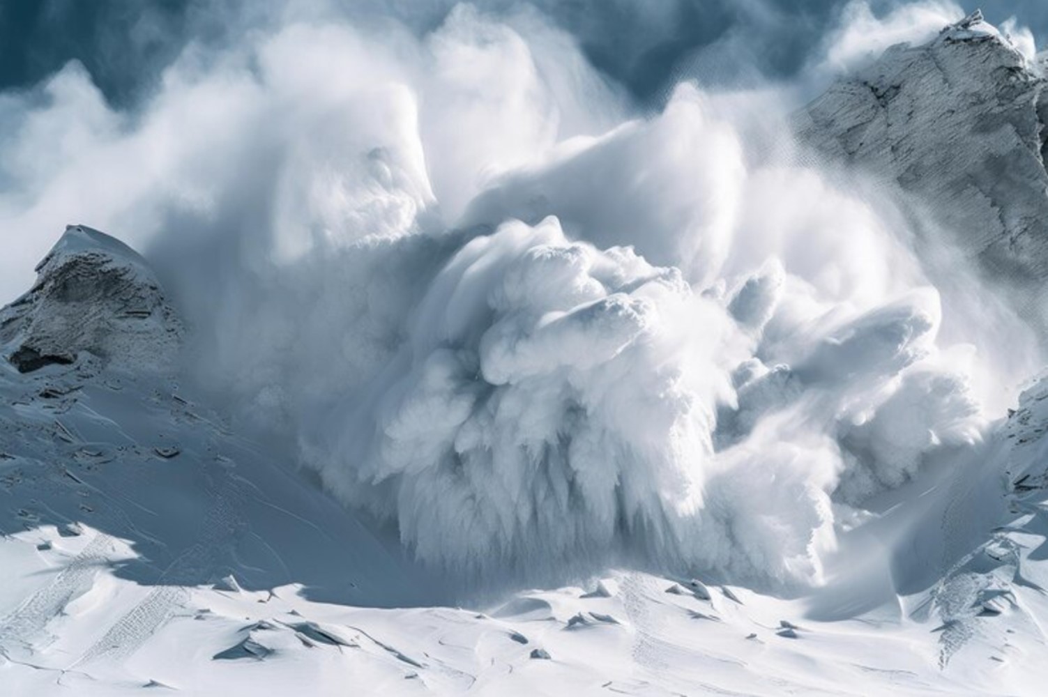A photo illustration of an avalanche as it powers down a mountain