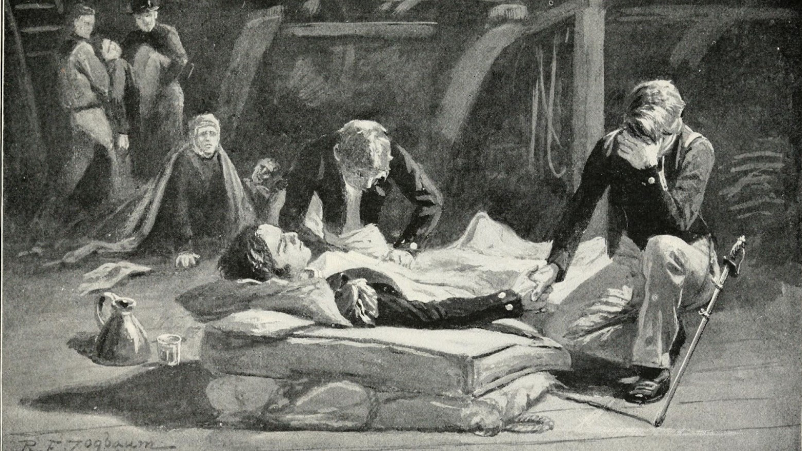An old engraving of James Lawrence’s death during the War of 1812.