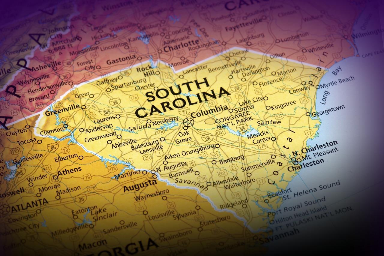 Close-up photograph of a map of South Carolina