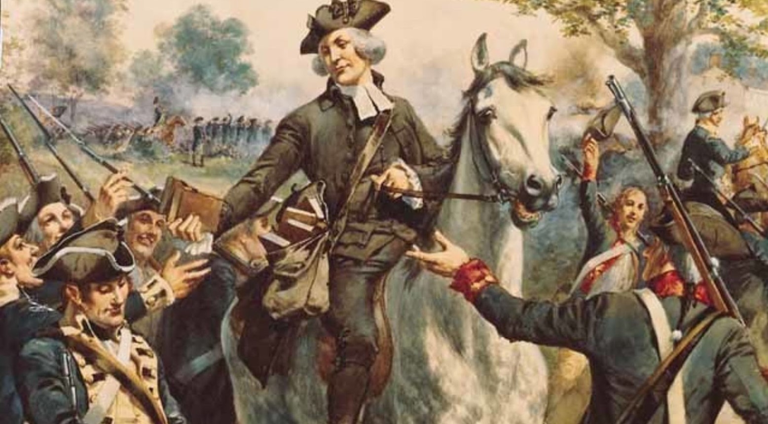 James Caldwell on a white horse. There are soldiers gathered around him on the ground holding guns.