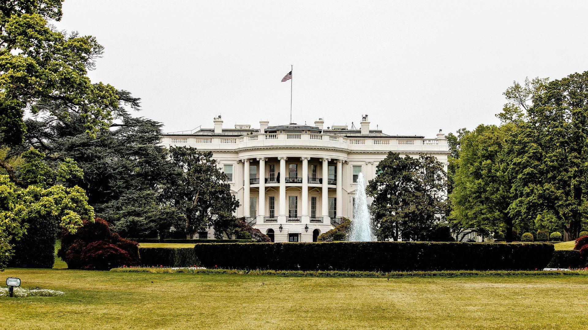 The White House seen in front of a green lawn and by green trees.