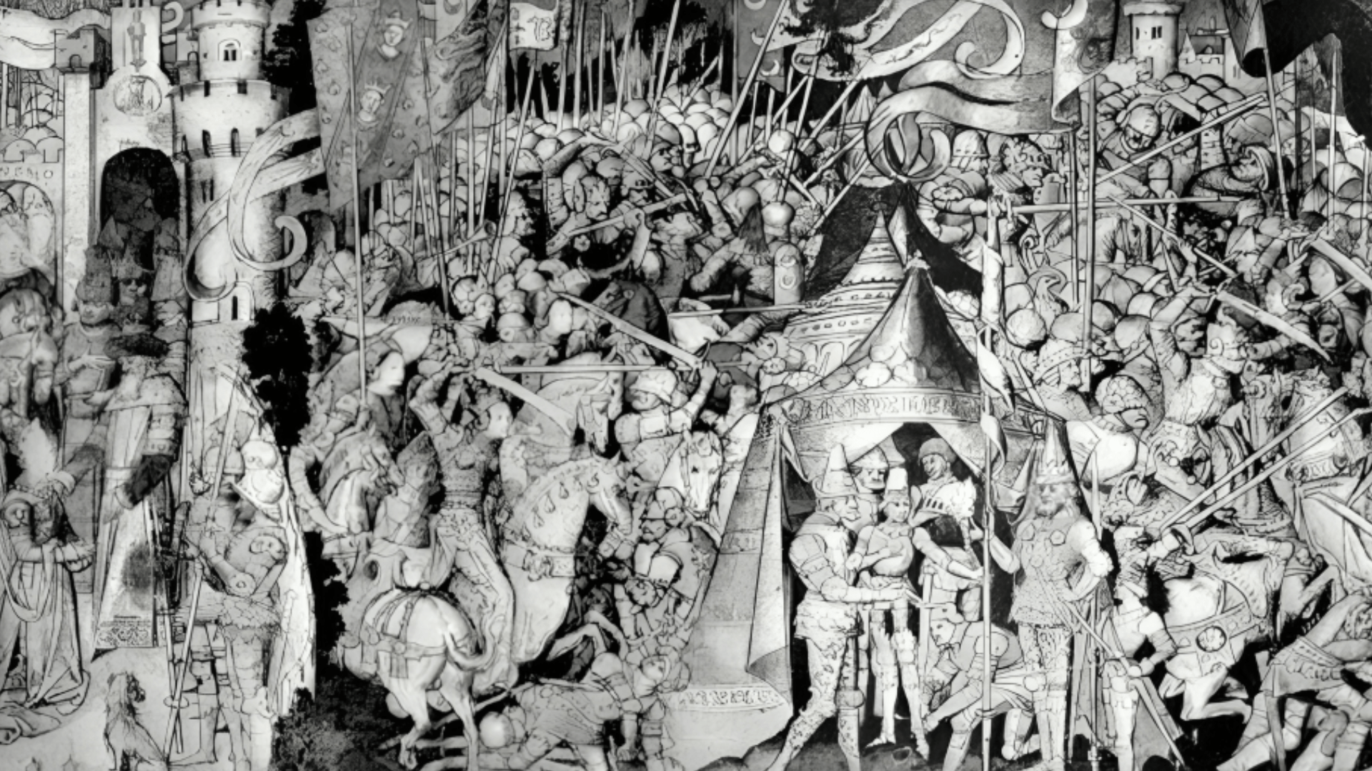 One of a series of designs (the Trojan War) by Jean Foucquet from which tapestry hangings were woven, probably at Arras in the middle of the 15th century.