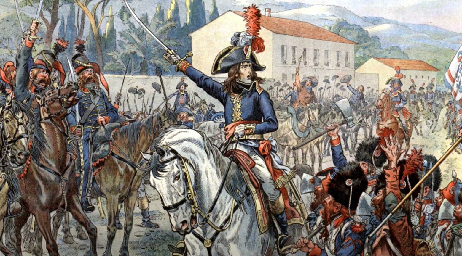 The French army in the American Revolution. One soldier is on a white horse and is holding a sword in the air. There are some other soldiers on brown horses who are also holding swords in the air. Other soldiers are on the ground surrounding the horses.