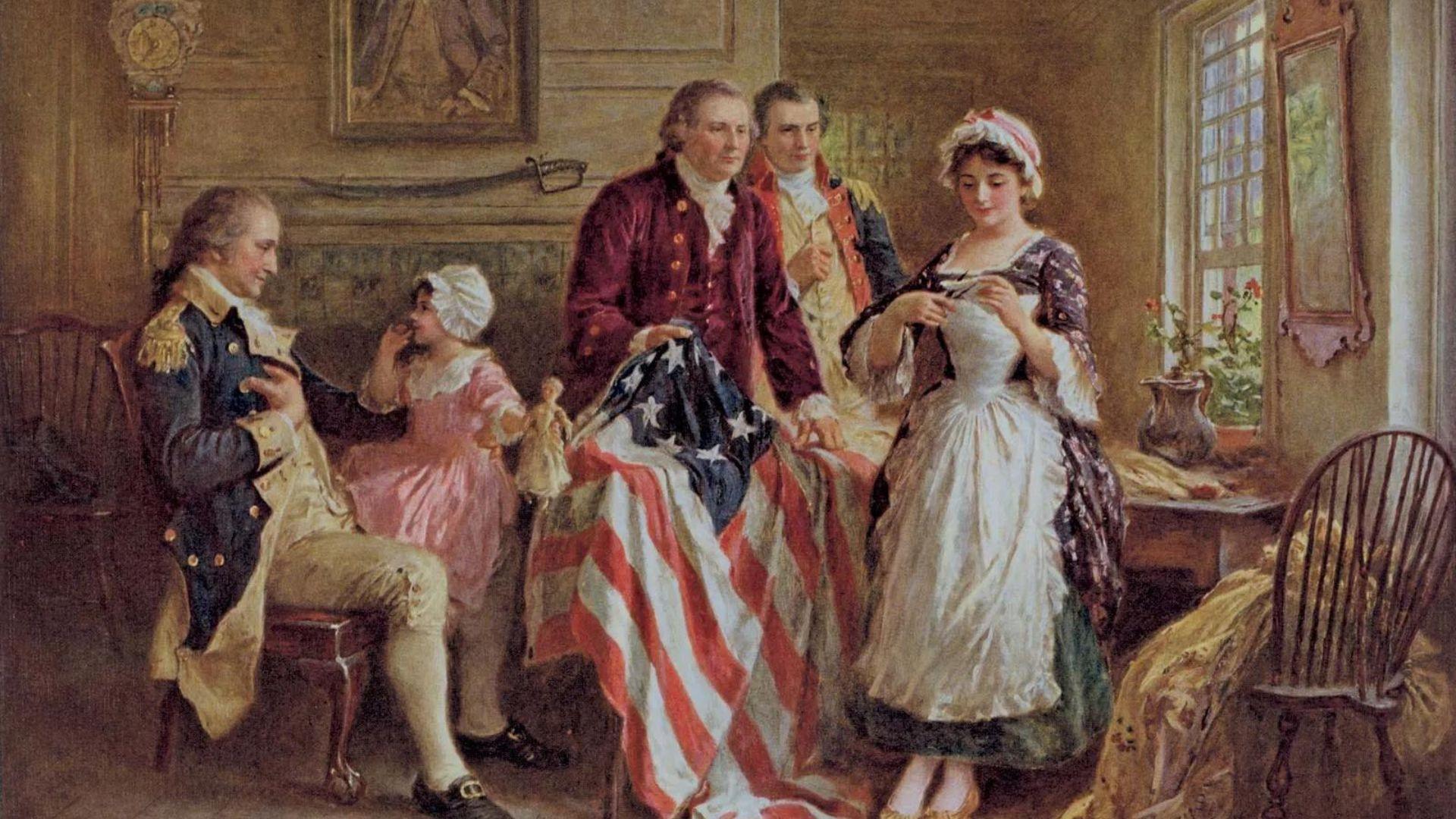 Painting of Betty Ross showing off the first American flag