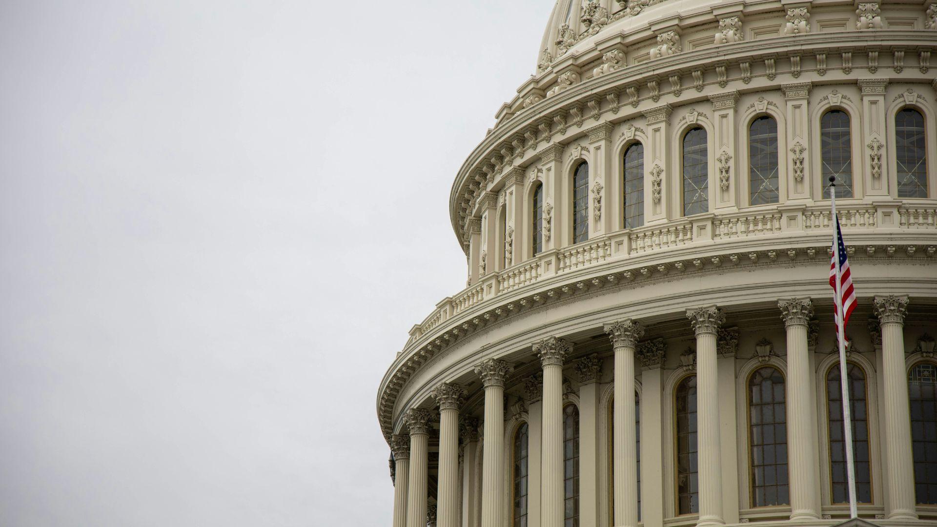 An up-close view of the U.S. Capitol’s rotunda seen in the daytime.