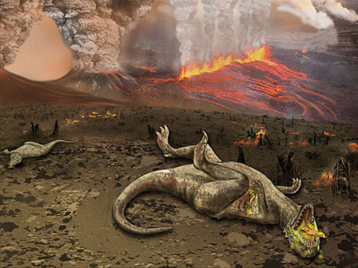 The illustration of The Deccan Trap eruption that caused the extinction of the dinosaurs