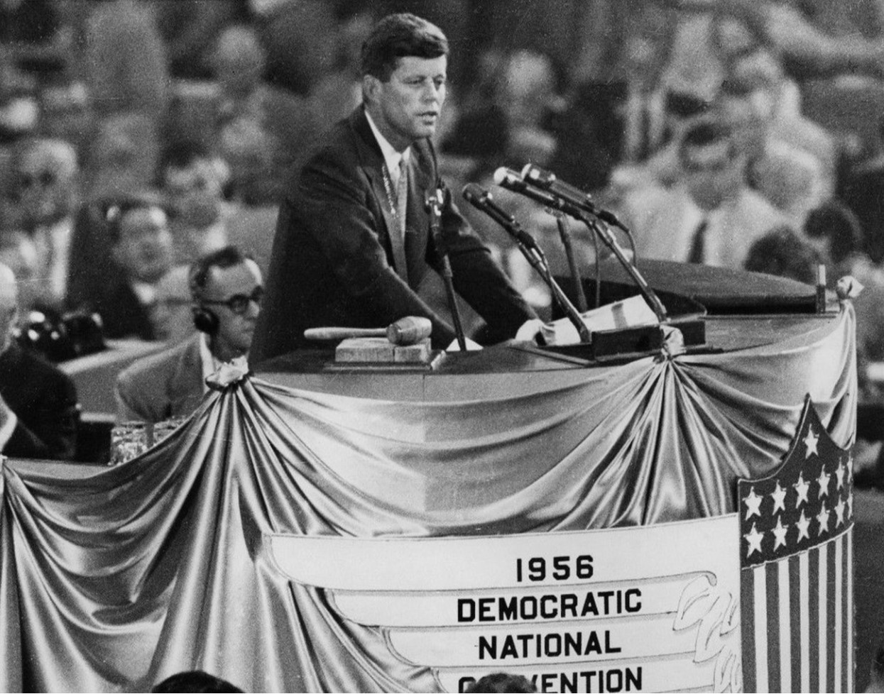 Photo of Senator John F. Kennedy placing the name of Adlai Stevenson into nomination as the Democratic presidential candidate for 1956 in Chicago