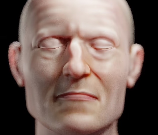 An extreme close up of a CGI animated face with no hair and closed eyes