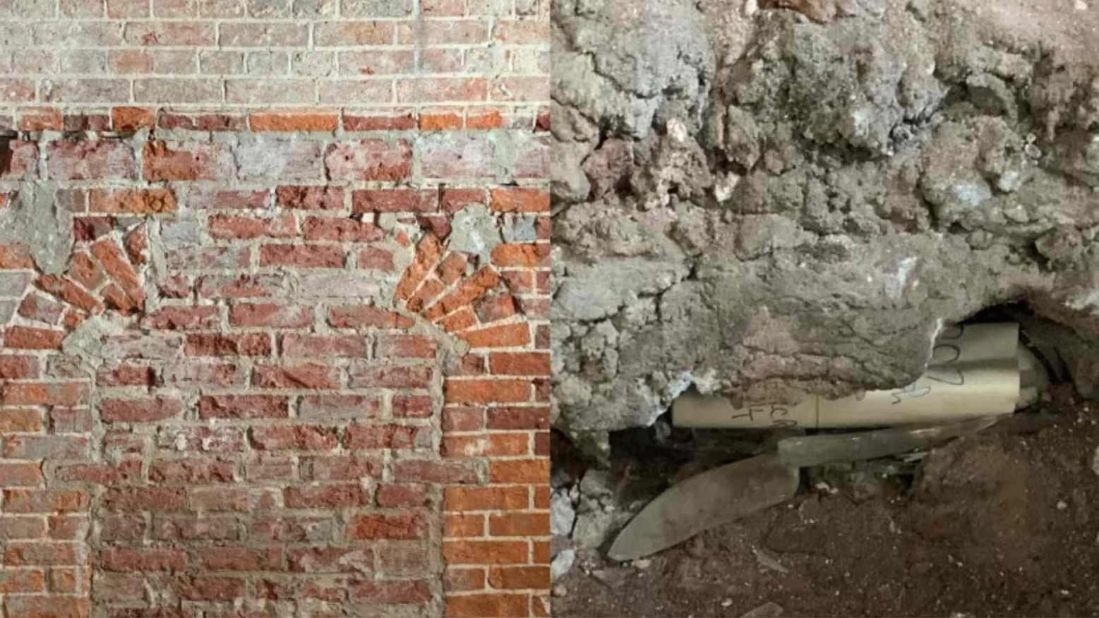 Picture of a bricked-up fireplace on the left and the note in a glass bottle on the right
