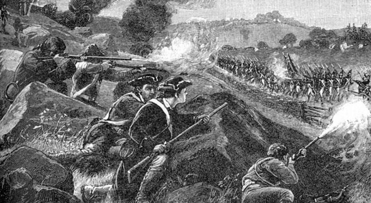 The Battle of Lexington engraving. Some soldiers are hiding behind hills and are holding guns. There are rows of soldiers marching past the hills.