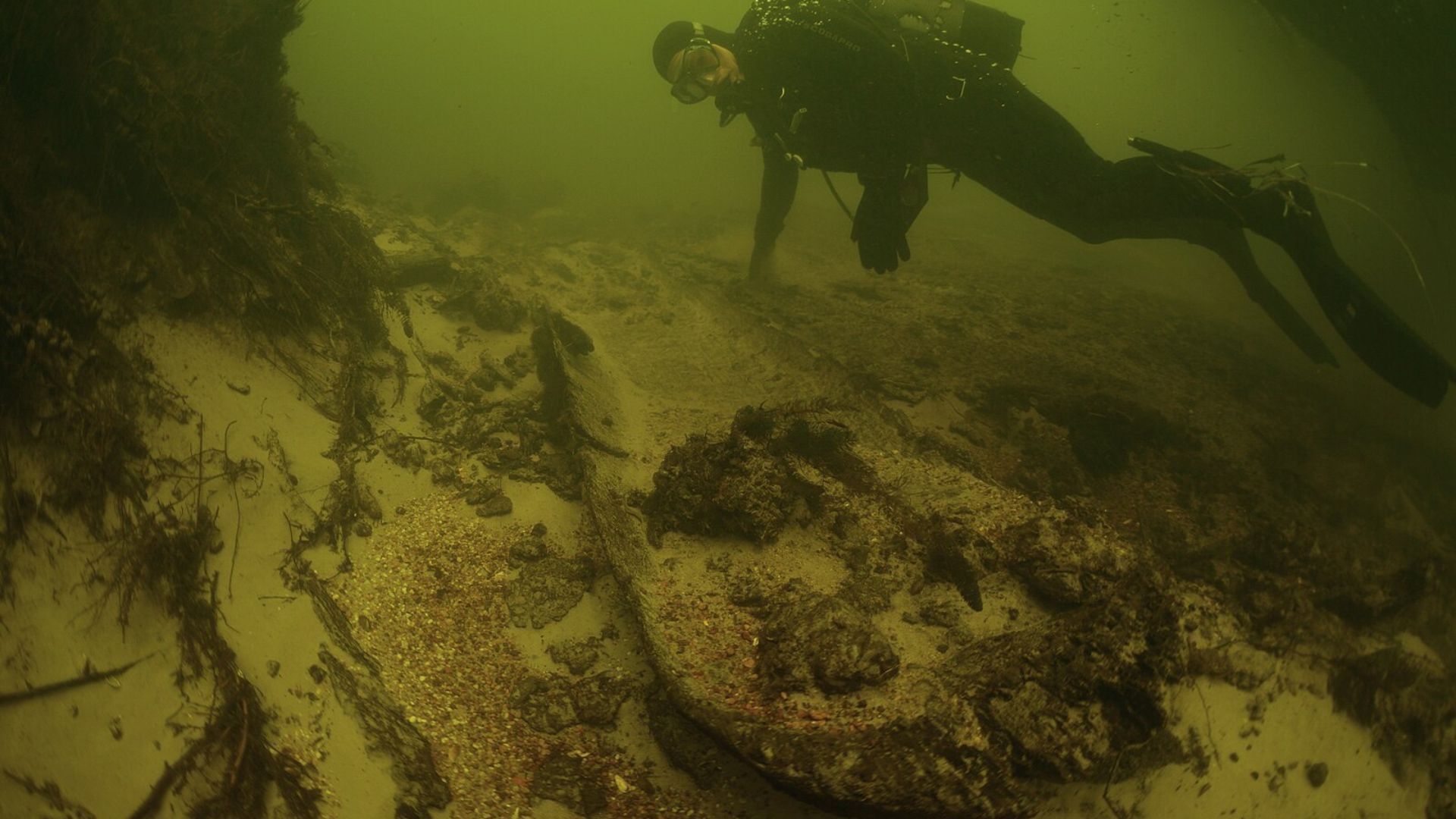 An image of a diver in scuba gear hovering above an old shipwreck on an ocean floor. The visibility is limited by the greenish hue of the water, but the outline of the sunken ship's structure can be discerned against the sandy bottom