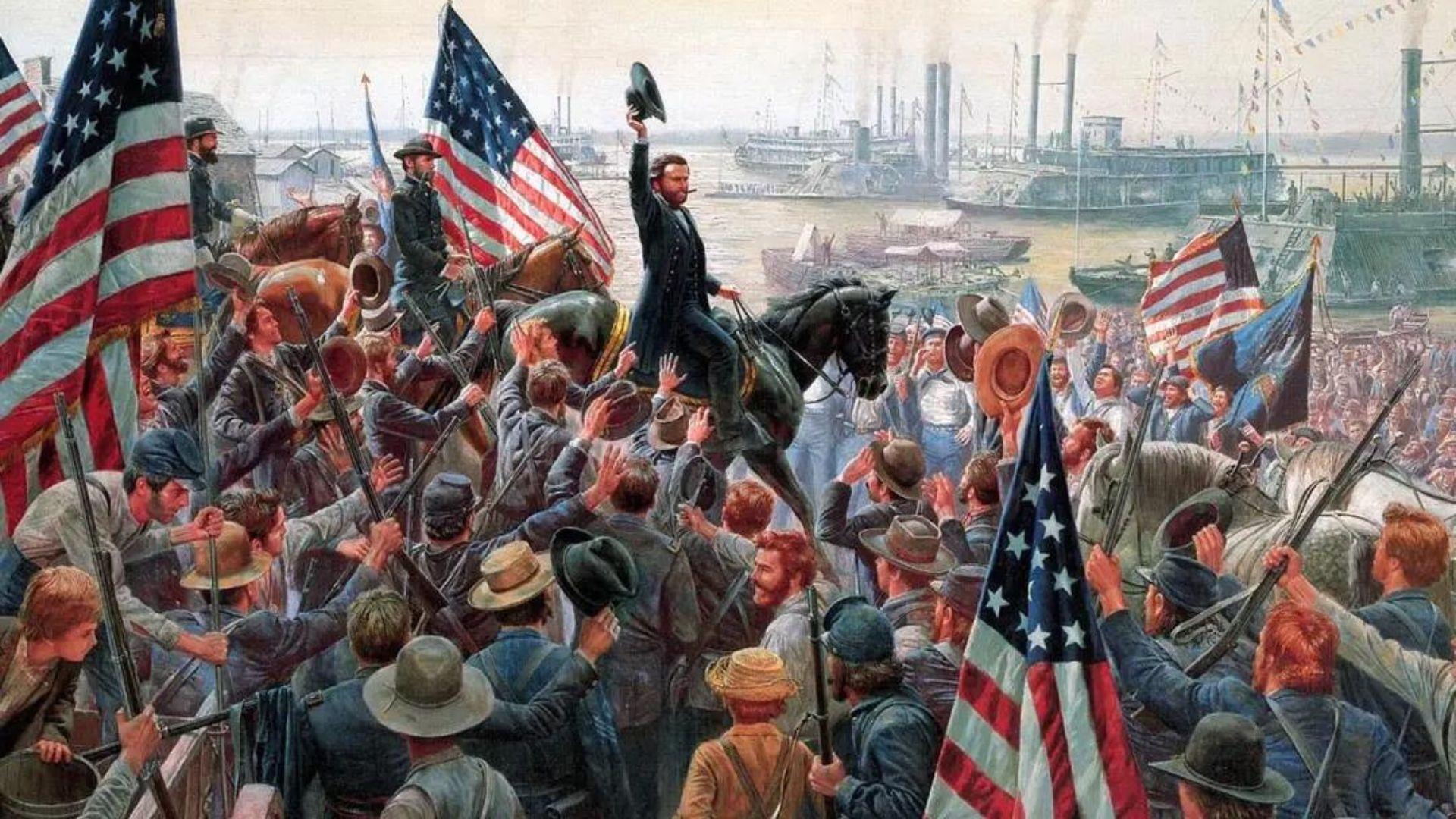 Painting of Union generals celebrating winning the Civil War