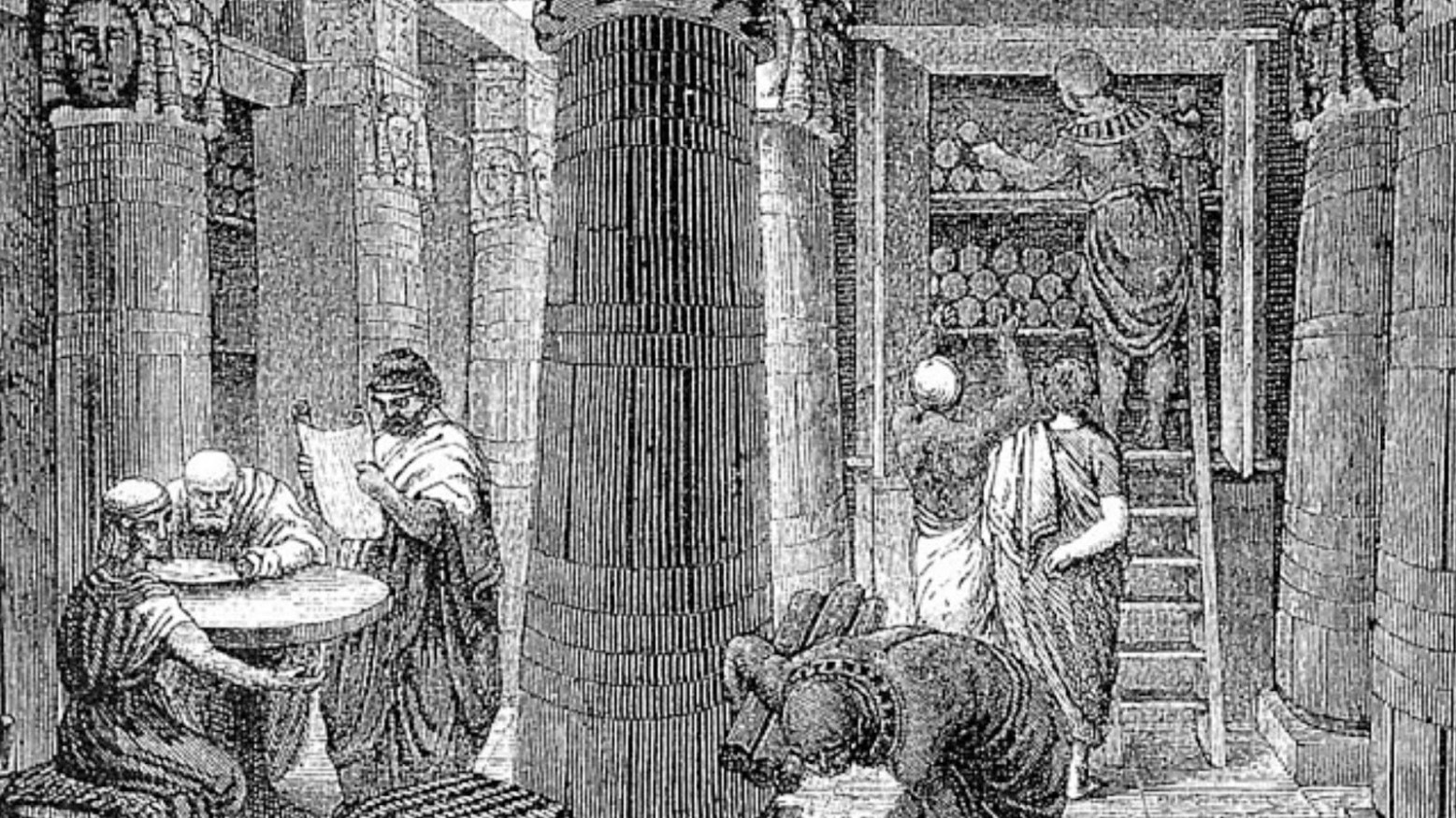 A black and white drawing of the Great Library of Alexandria. It shows some workers who are picking items off the floor, putting items on shelves, or sitting around a table. There are some pillars throughout the building that have faces at the top of them.