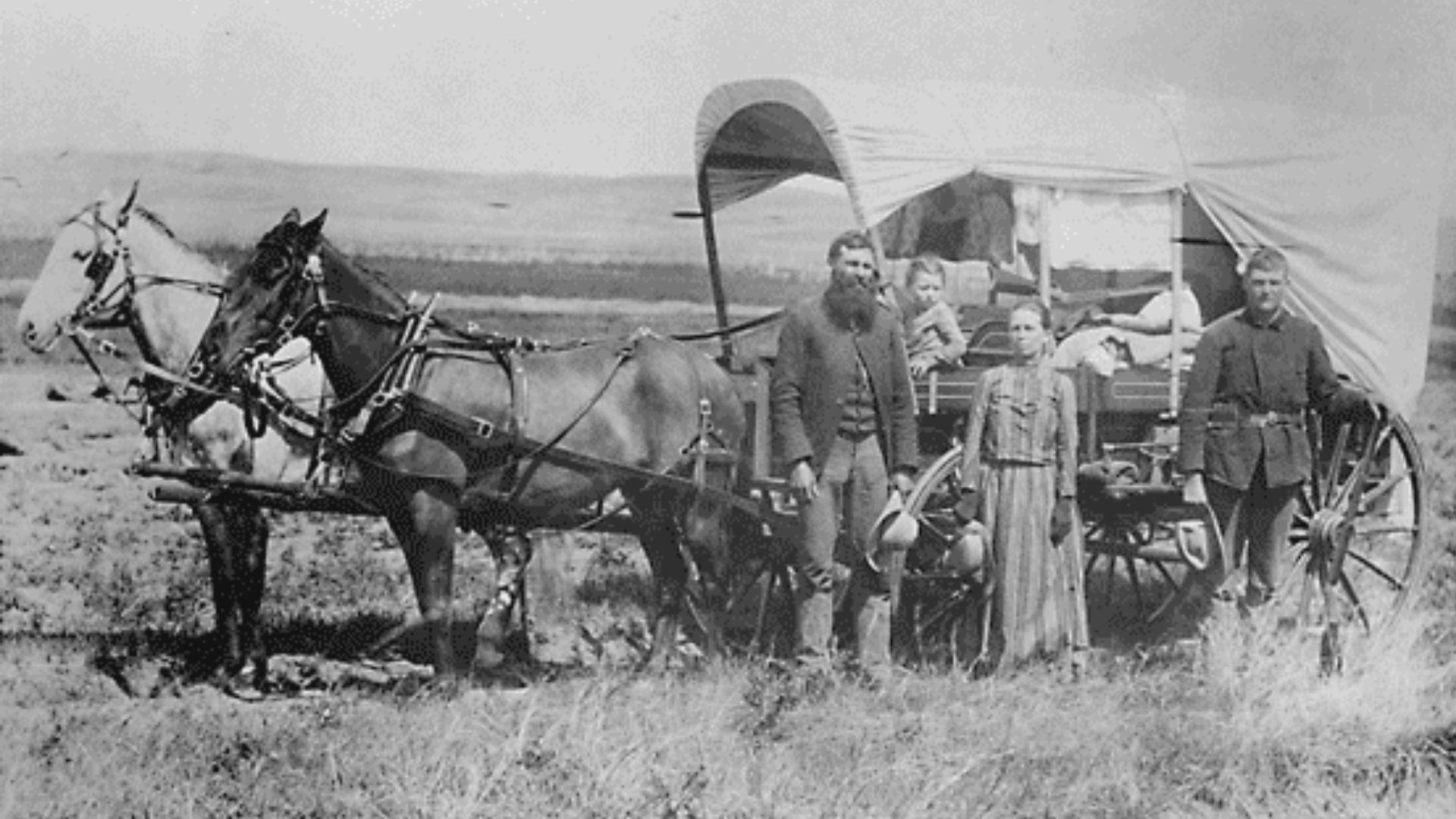 American pioneers moving west in their covered wagon, 1866