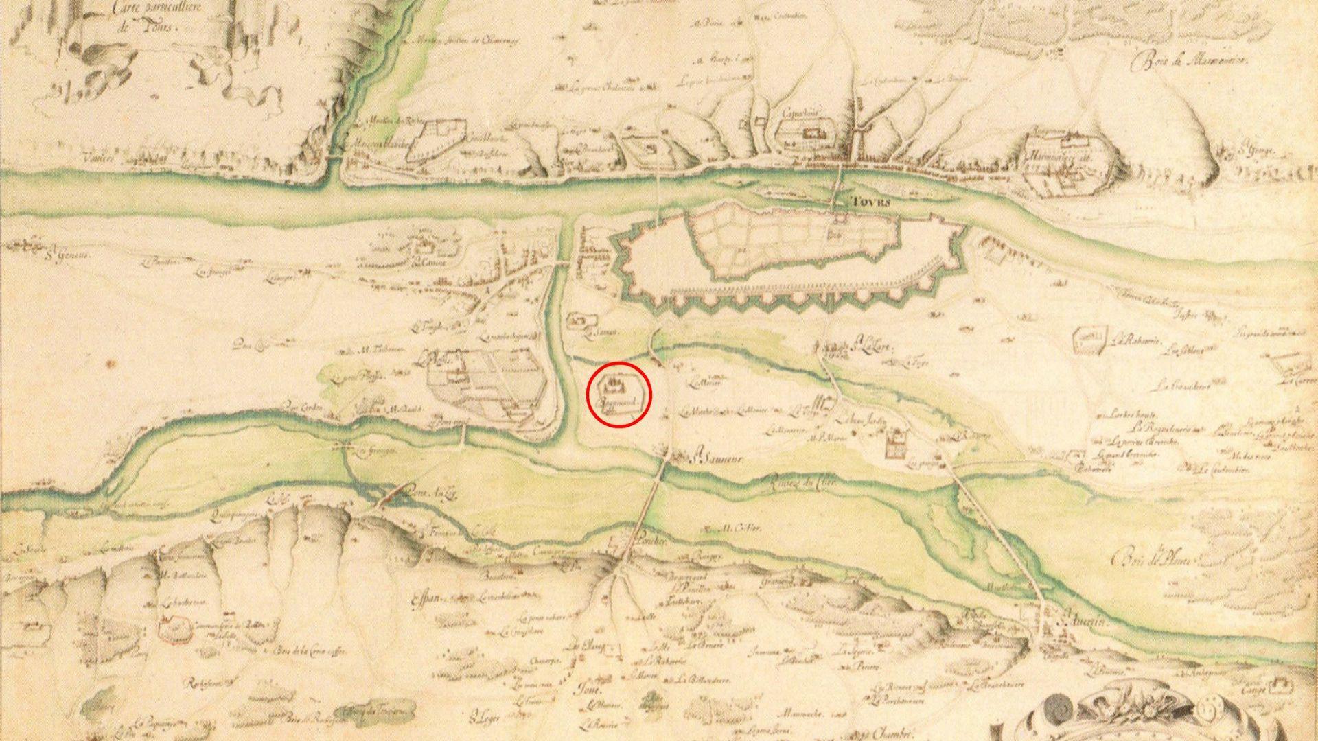 The location of Beaumont Abbey on an old map of France.